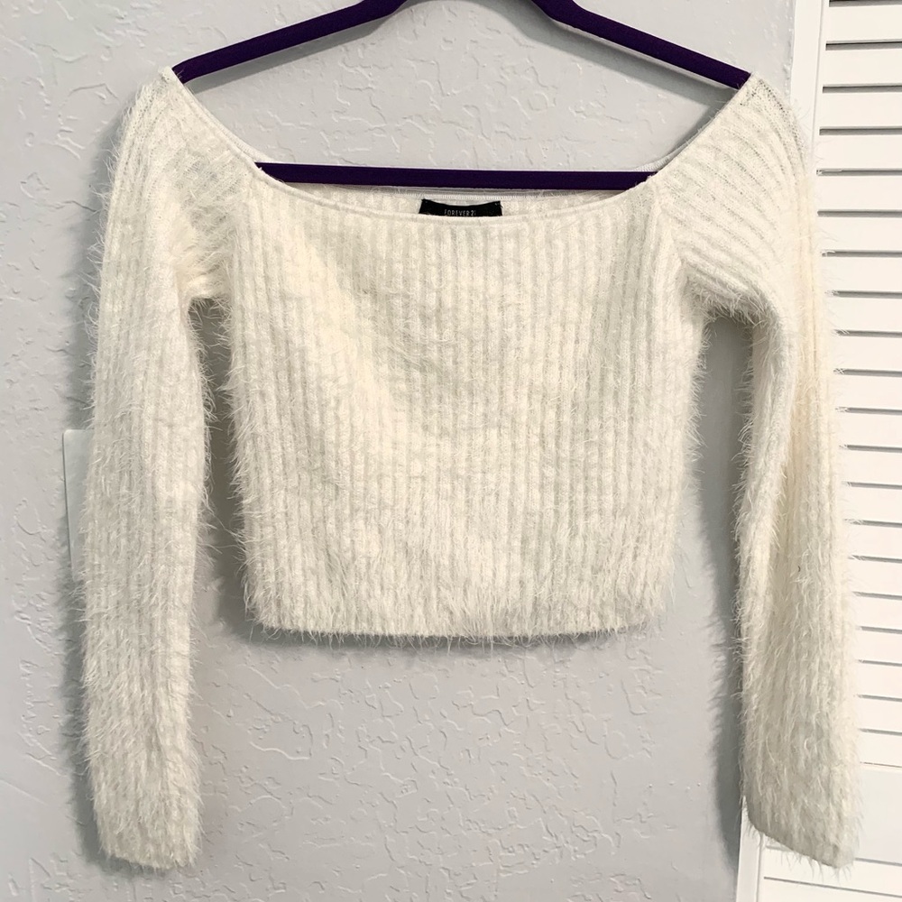 Forever 21 White Fuzzy Off Shoulder Cropped Sweater (Size L)